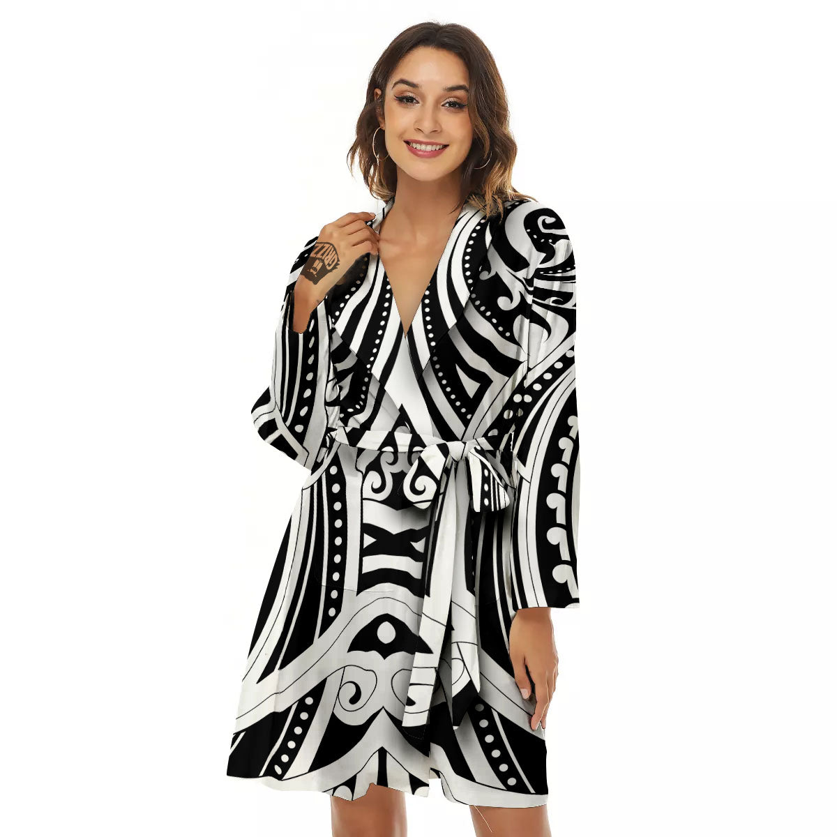 Maori Tattoo White And Black Print Women's Robe-grizzshop
