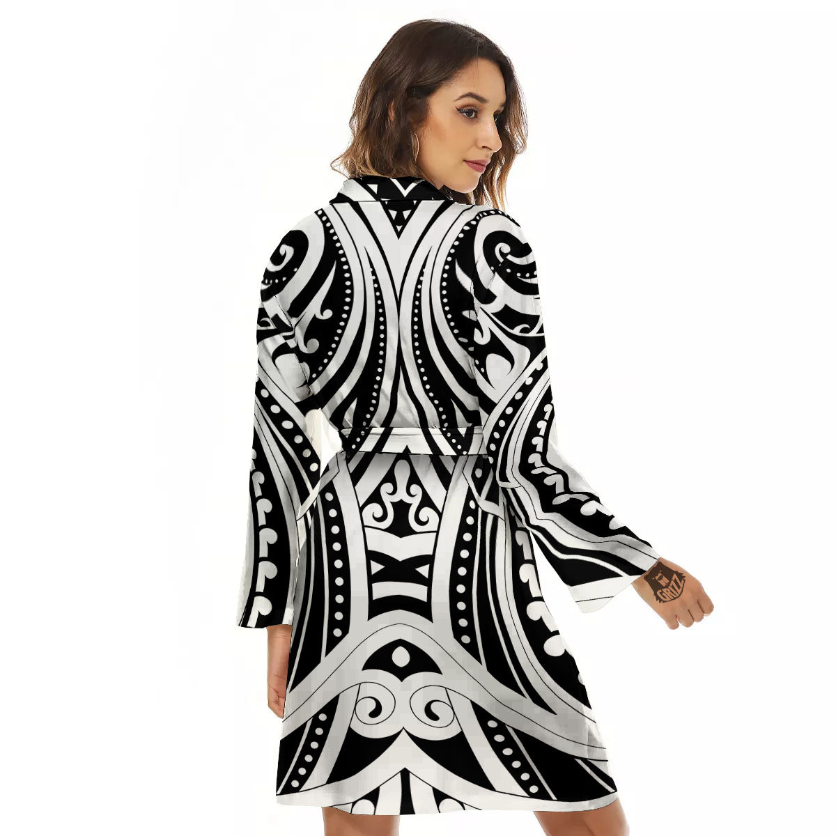Maori Tattoo White And Black Print Women's Robe-grizzshop