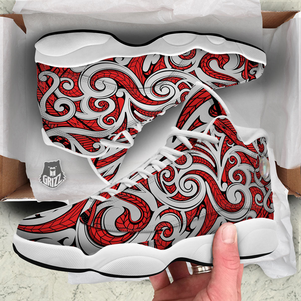 Maori Tribal Polynesian Kowhaiwhai Print White Basketball Shoes-grizzshop