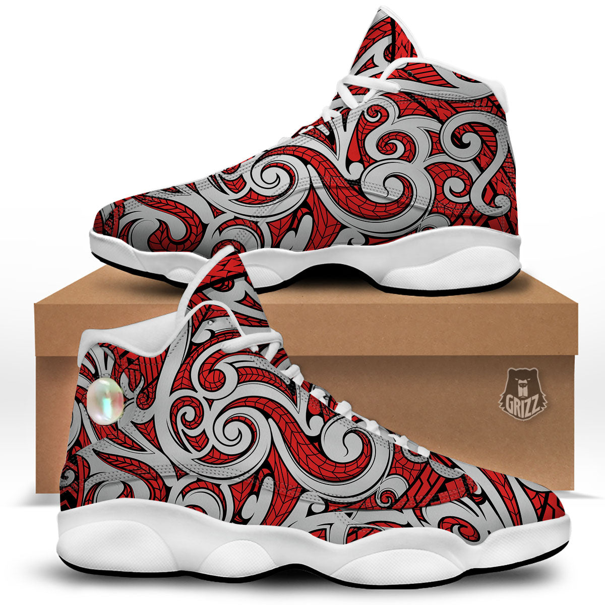 Maori Tribal Polynesian Kowhaiwhai Print White Basketball Shoes-grizzshop
