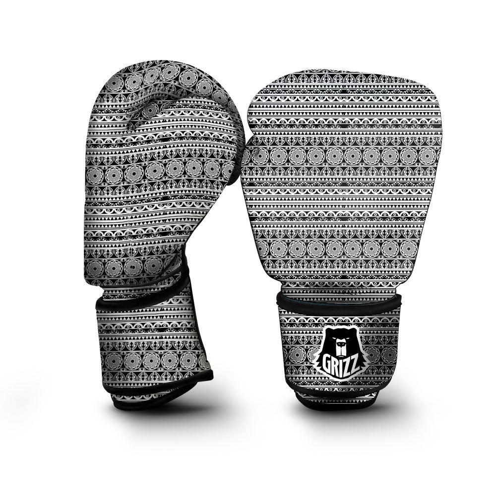 Maori Tribal White And Black Print Boxing Gloves-grizzshop