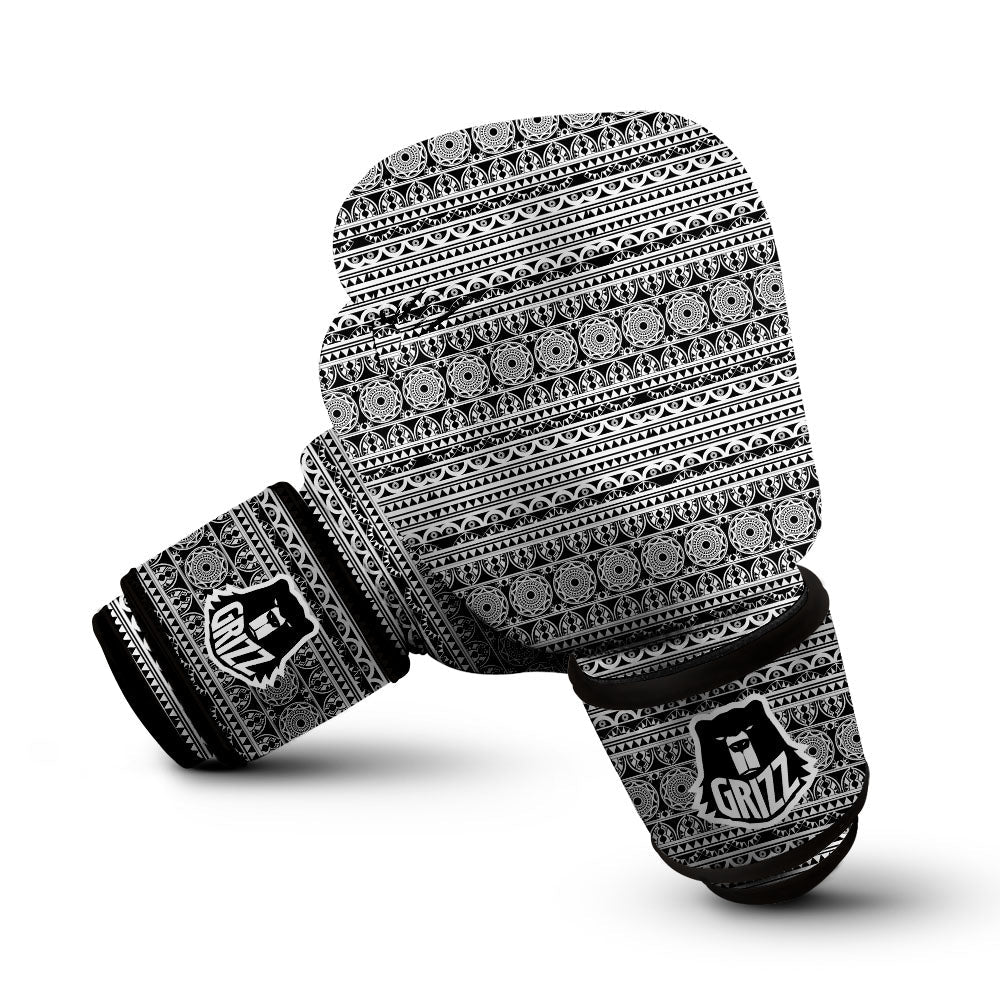 Maori Tribal White And Black Print Boxing Gloves-grizzshop