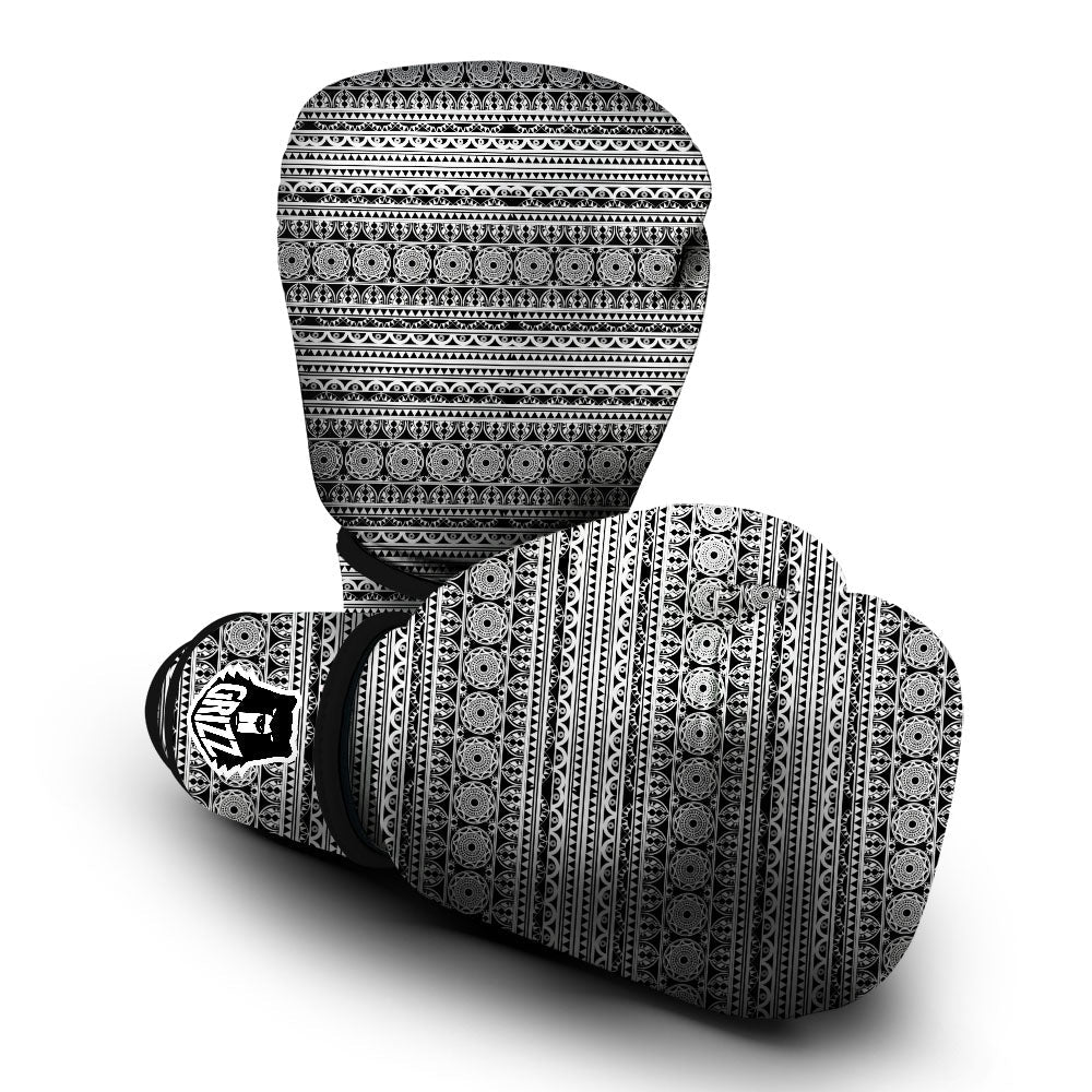 Maori Tribal White And Black Print Boxing Gloves-grizzshop