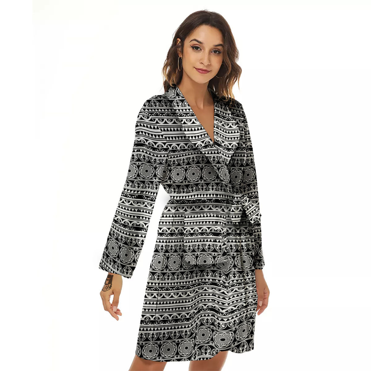Maori Tribal White And Black Print Women's Robe-grizzshop