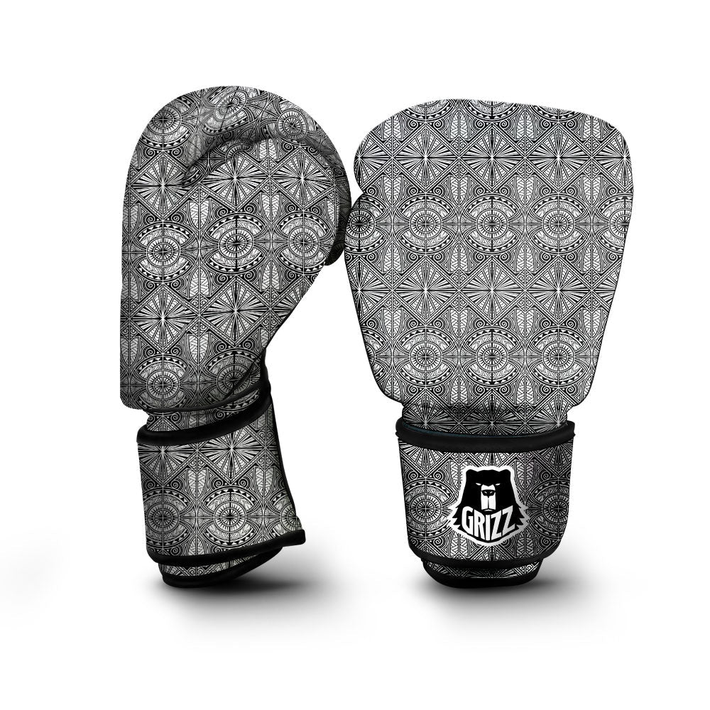 Maori White And Black Print Pattern Boxing Gloves-grizzshop