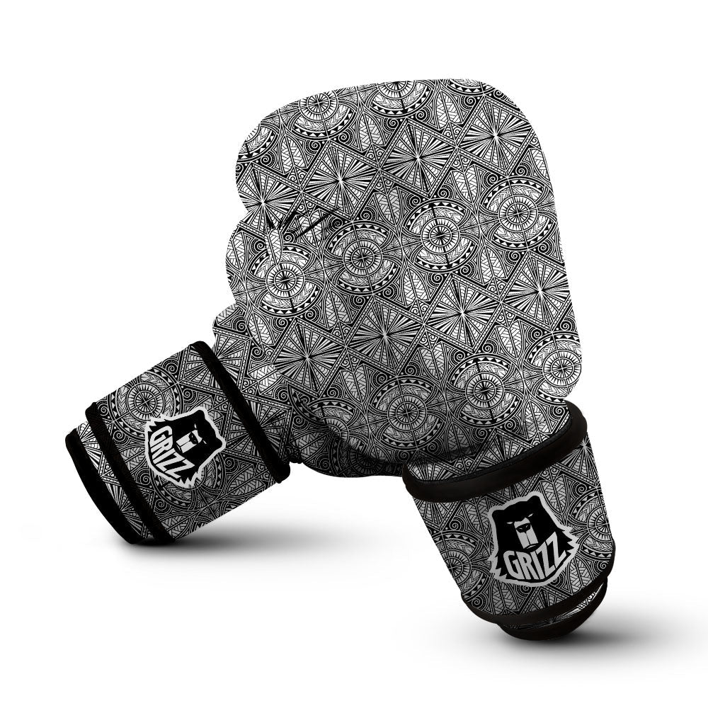 Maori White And Black Print Pattern Boxing Gloves-grizzshop