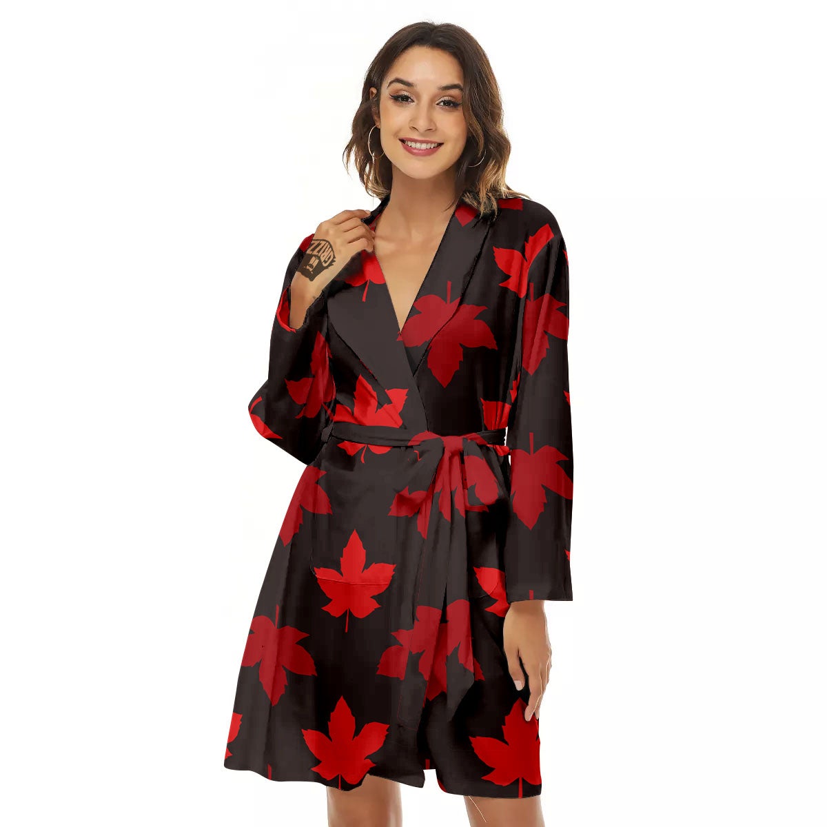 Maple Leaf Red Canadian Print Pattern Women's Robe-grizzshop