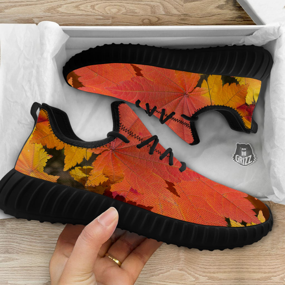 Maple Leaves Autumn Print Black Walking Shoes-grizzshop