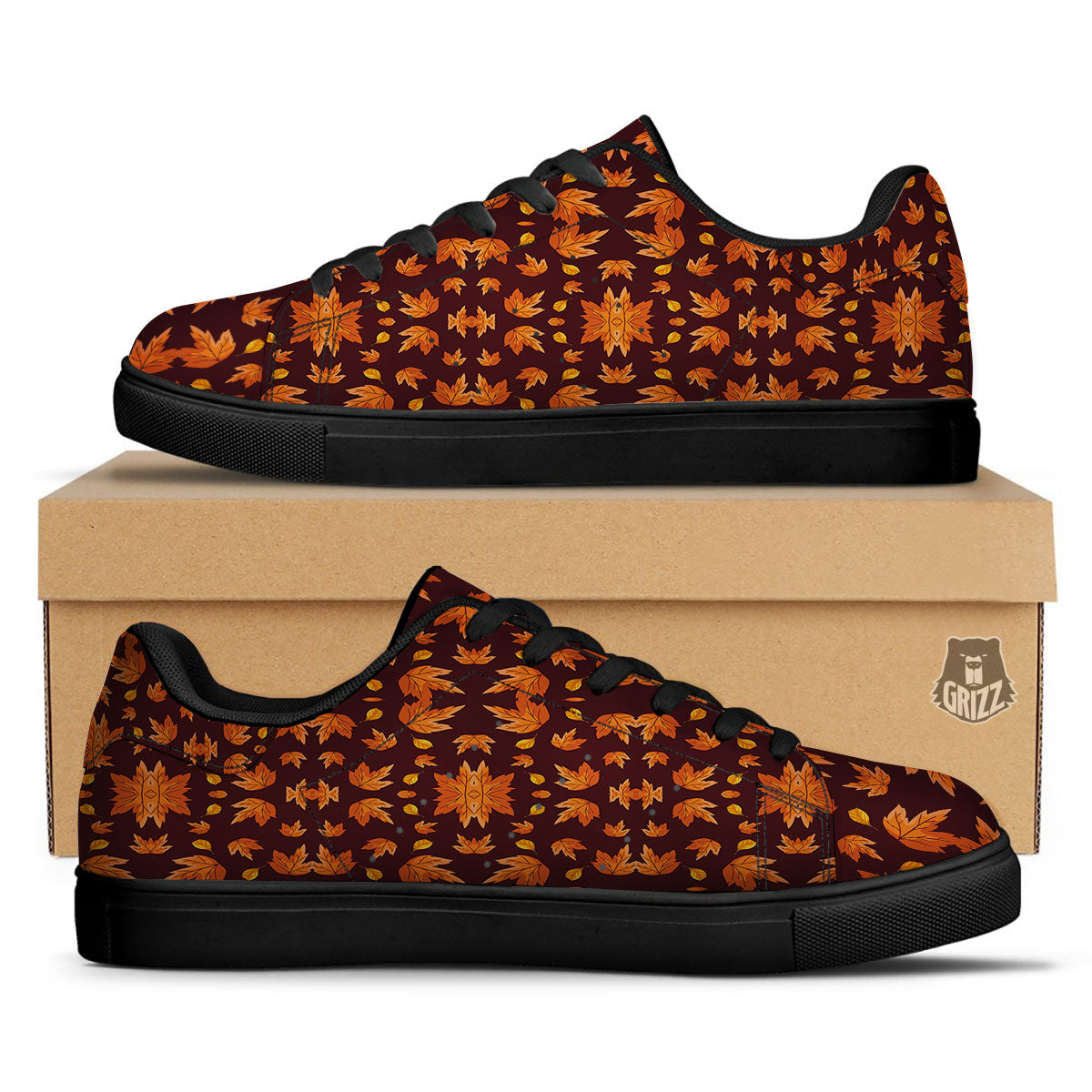 Maple Leaves Orange Print Pattern Black Low Top Sneakers-grizzshop