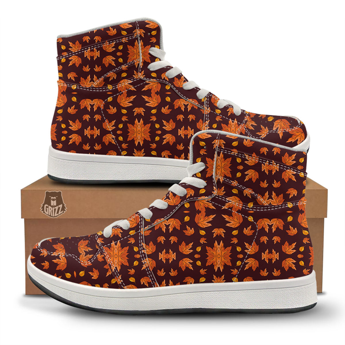Maple Leaves Orange Print Pattern High Top Sneakers-grizzshop
