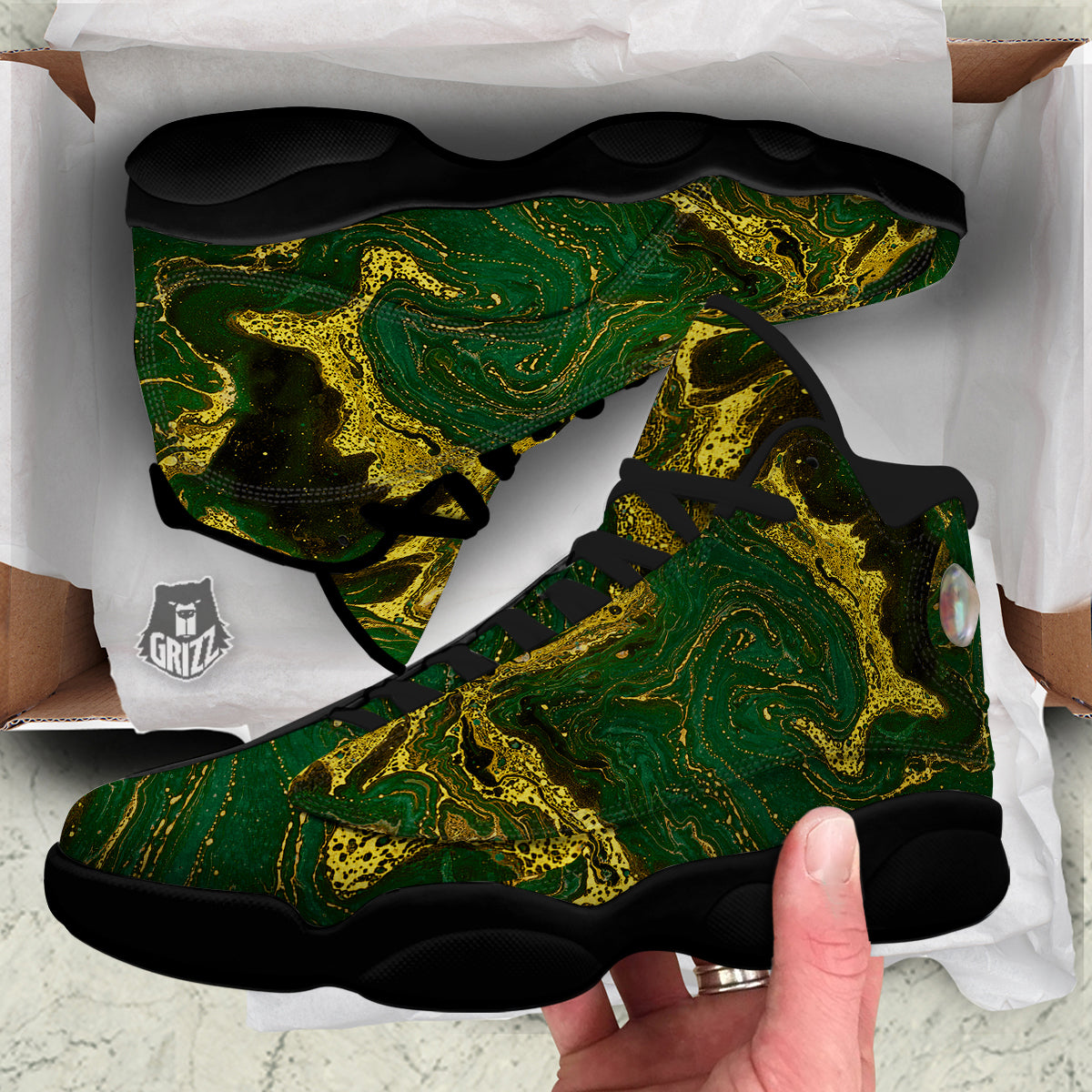 Marble Abstract texture Gold And Dark Green Print Black Basketball Shoes-grizzshop
