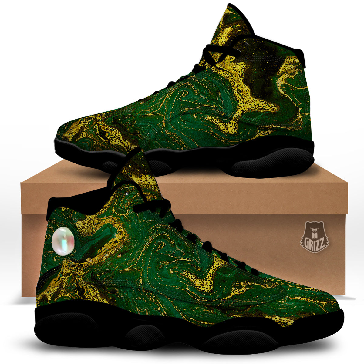 Marble Abstract texture Gold And Dark Green Print Black Basketball Shoes-grizzshop