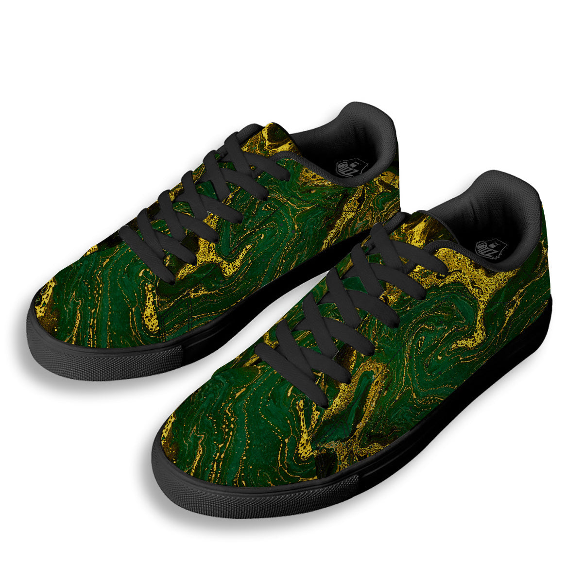 Marble Abstract texture Gold And Dark Green Print Black Low Top Sneakers-grizzshop