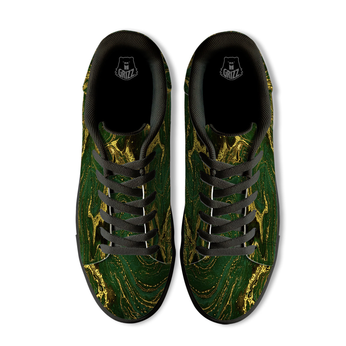 Marble Abstract texture Gold And Dark Green Print Black Low Top Sneakers-grizzshop