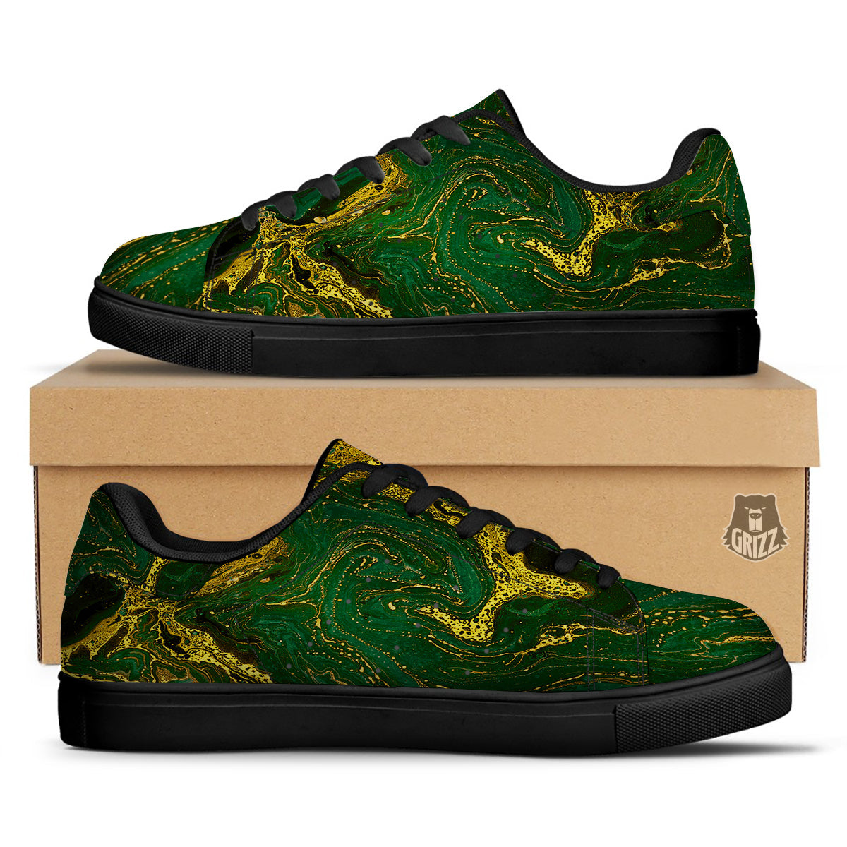 Marble Abstract texture Gold And Dark Green Print Black Low Top Sneakers-grizzshop