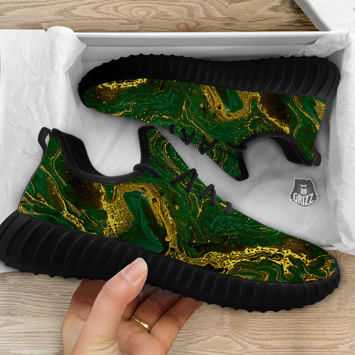 Marble Abstract texture Gold And Dark Green Print Black Walking Shoes-grizzshop