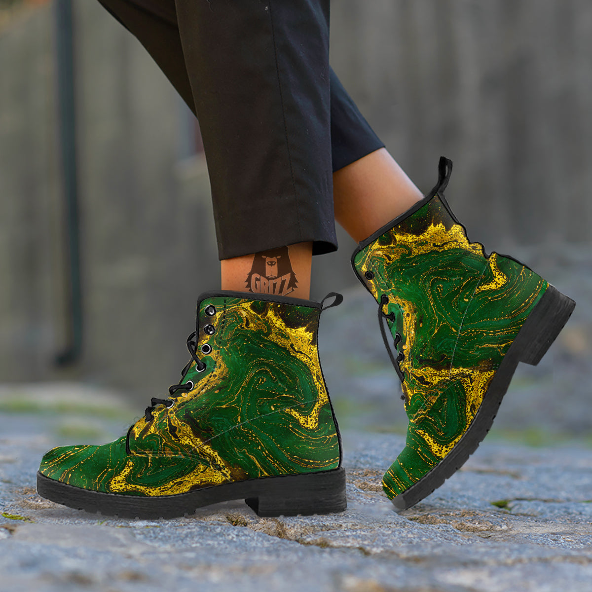 Marble Abstract texture Gold And Dark Green Print Leather Boots-grizzshop