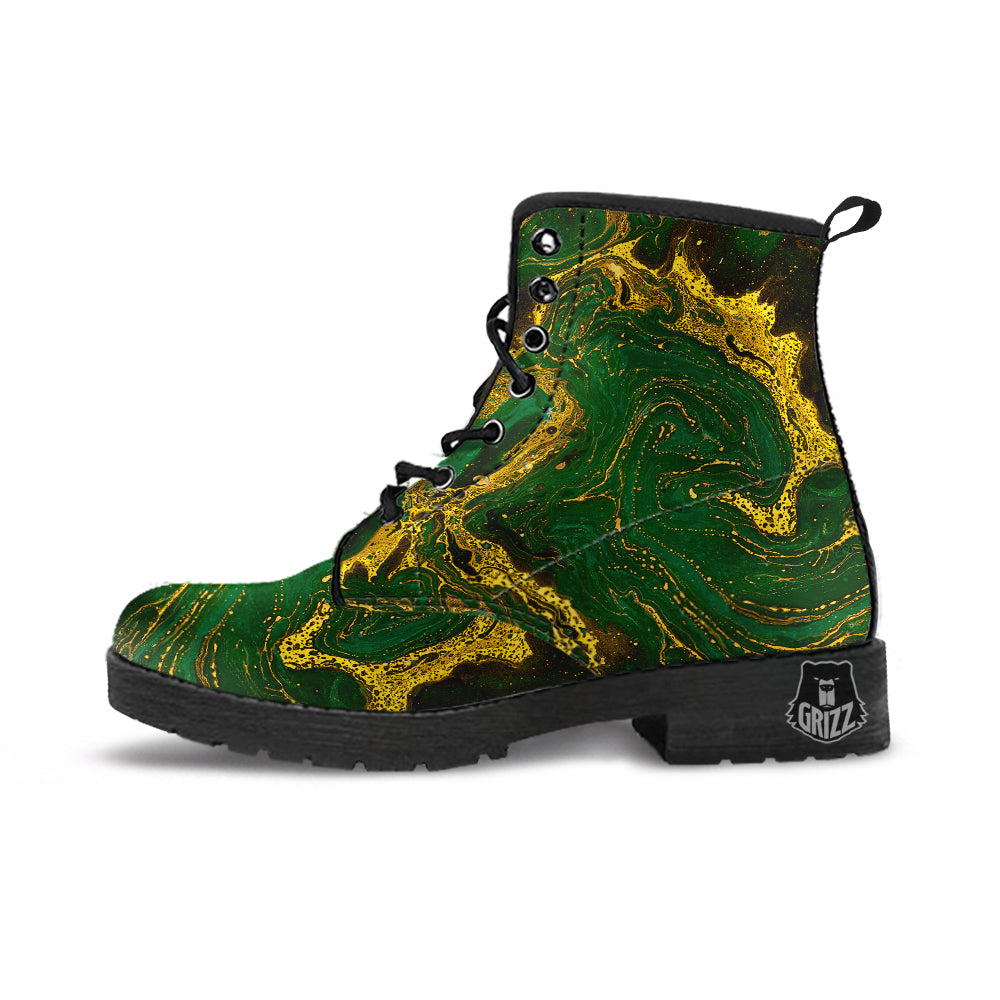 Marble Abstract texture Gold And Dark Green Print Leather Boots-grizzshop