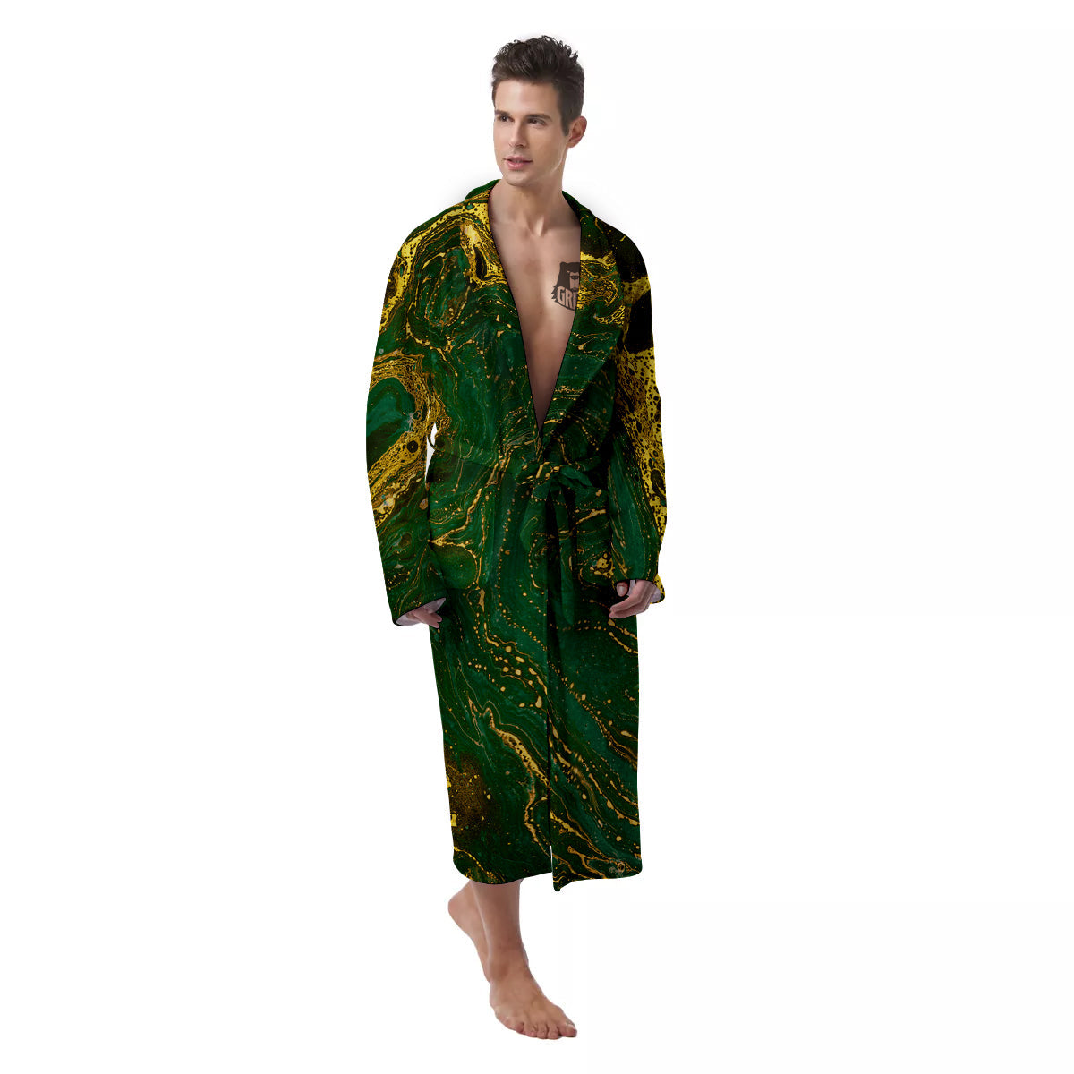 Marble Abstract texture Gold And Dark Green Print Men's Robe-grizzshop
