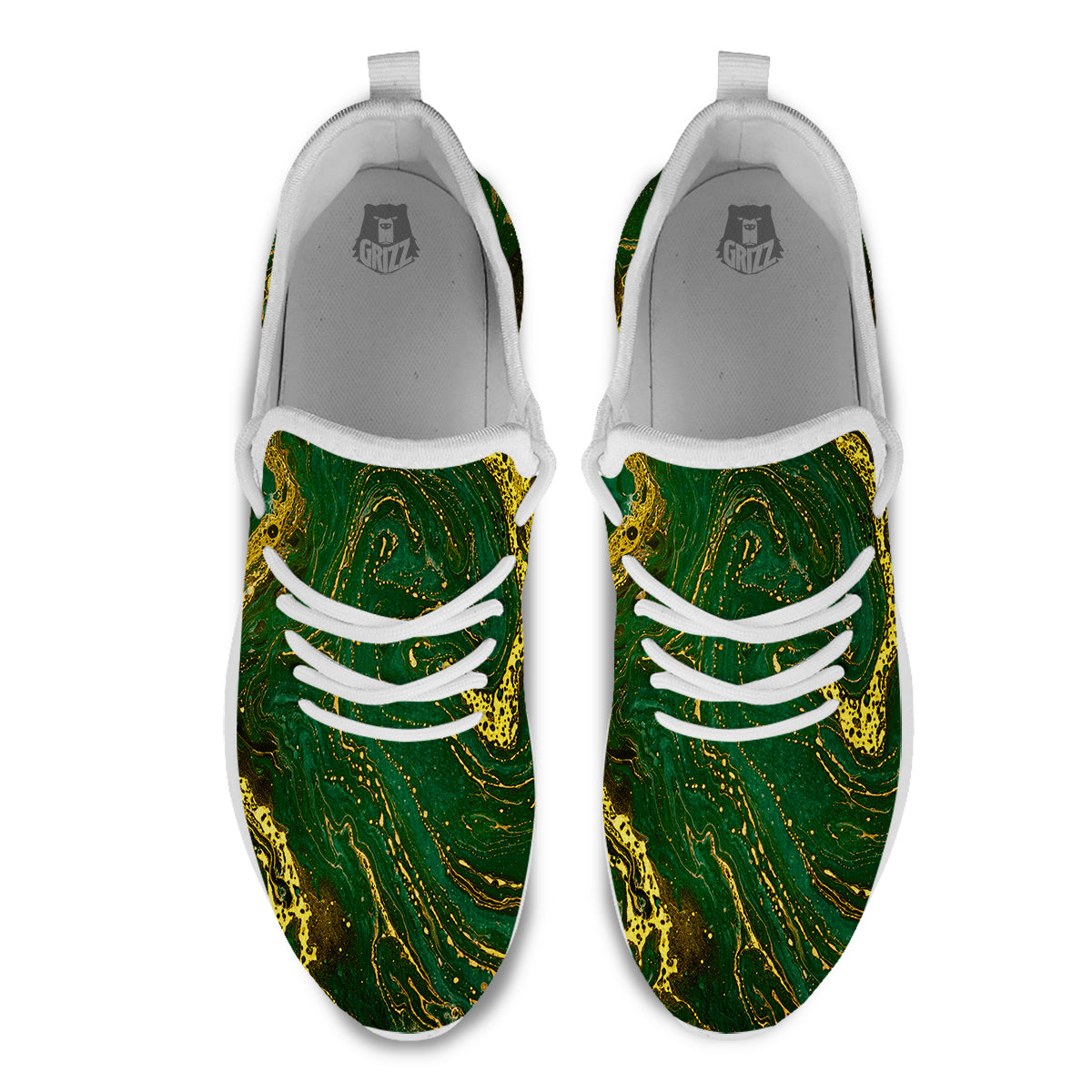 Marble Abstract texture Gold And Dark Green Print White Athletic Shoes-grizzshop