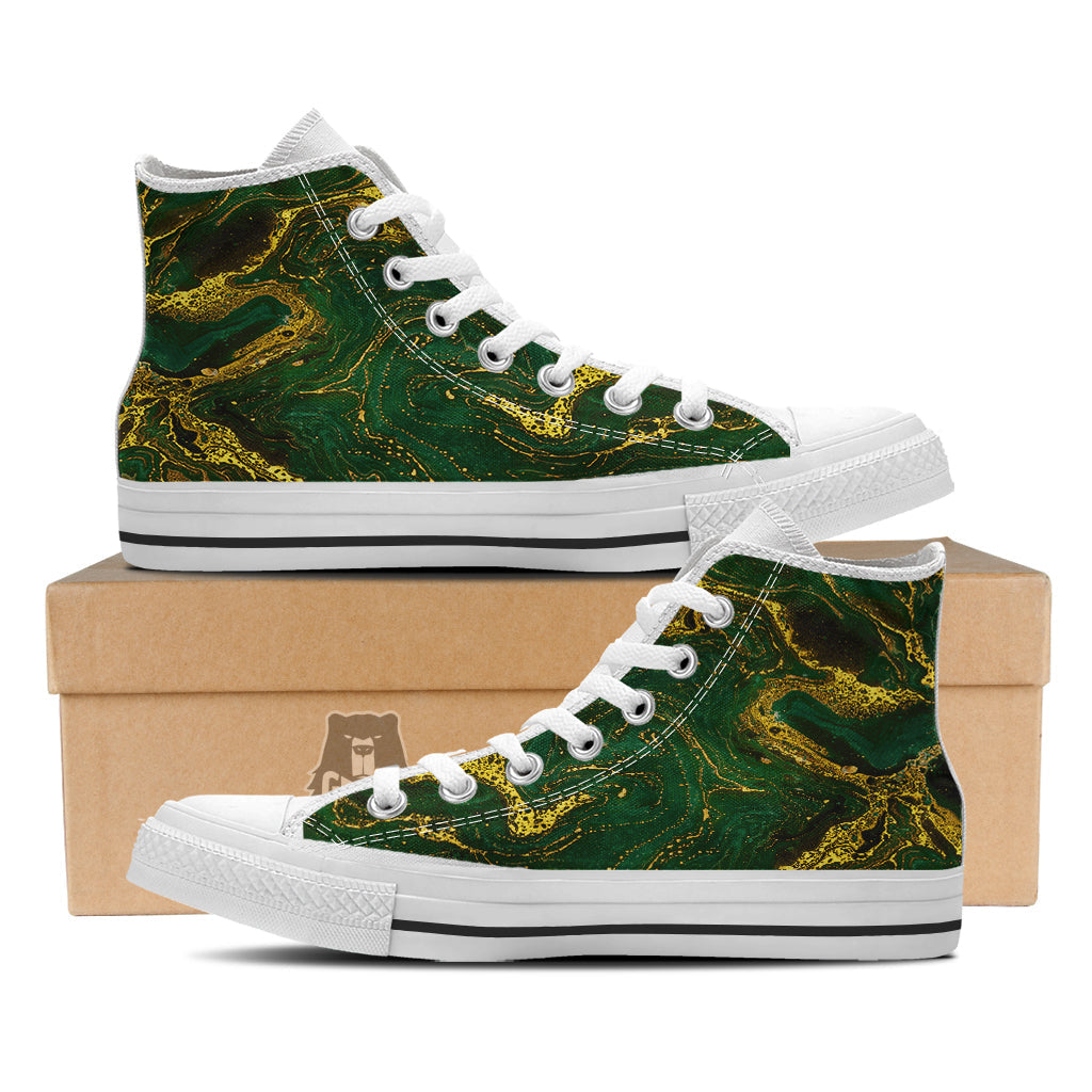 Marble Abstract texture Gold And Dark Green Print White High Top Shoes-grizzshop