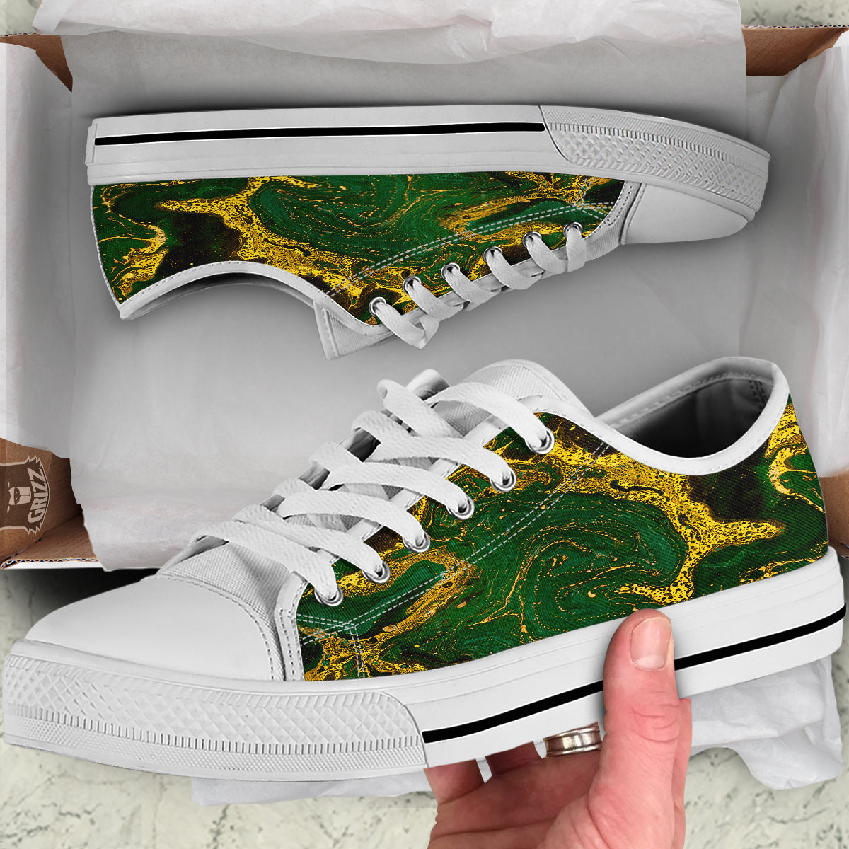 Marble Abstract texture Gold And Dark Green Print White Low Top Shoes-grizzshop