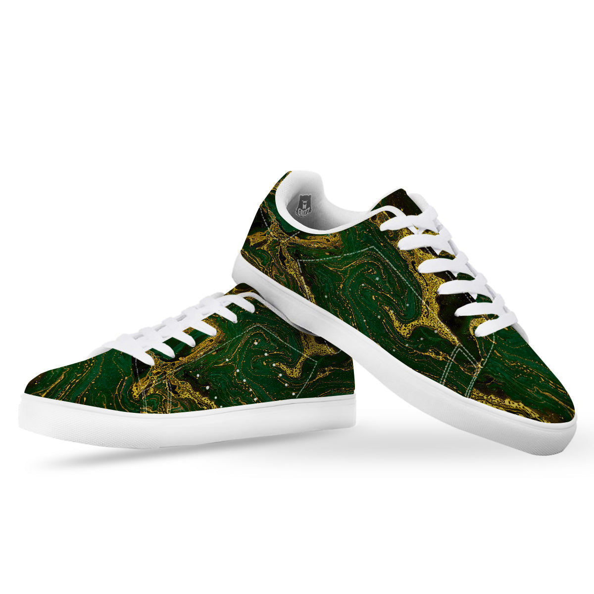 Marble Abstract texture Gold And Dark Green Print White Low Top Sneakers-grizzshop