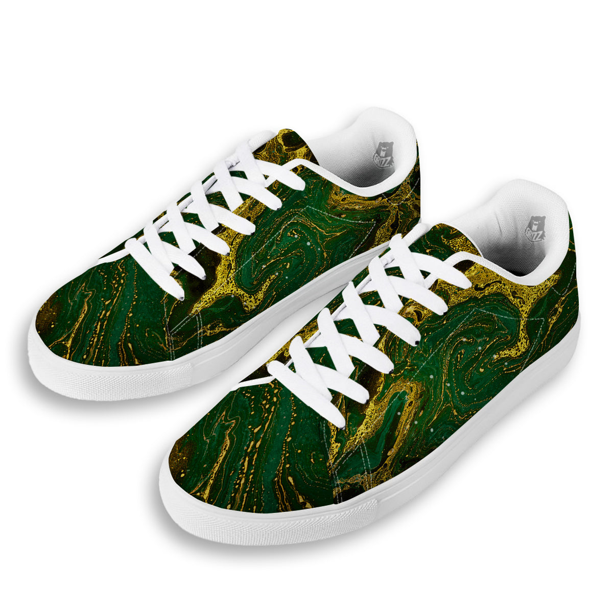 Marble Abstract texture Gold And Dark Green Print White Low Top Sneakers-grizzshop