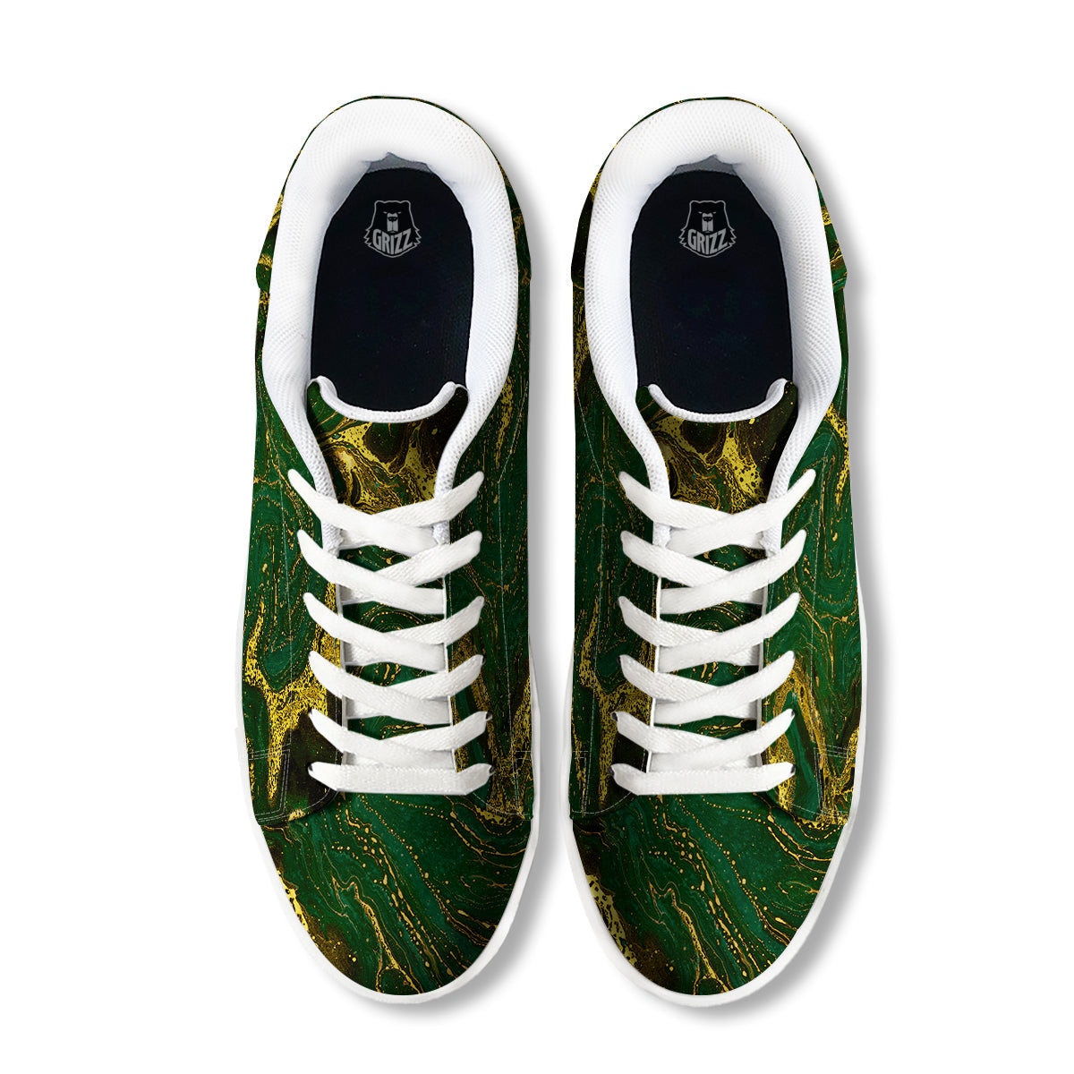 Marble Abstract texture Gold And Dark Green Print White Low Top Sneakers-grizzshop