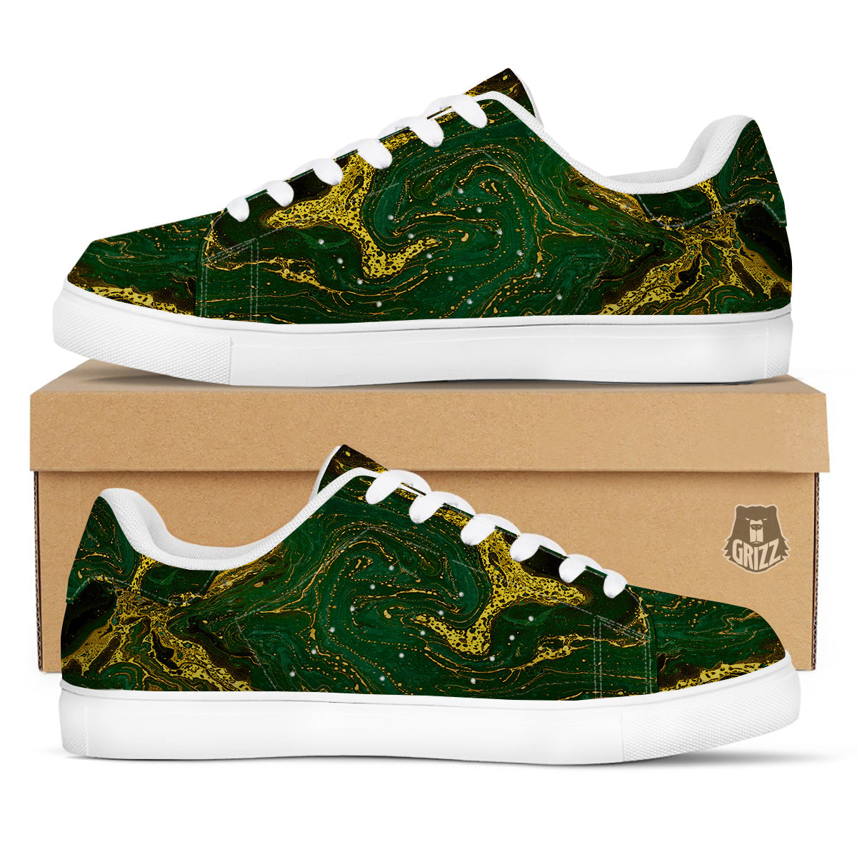 Marble Abstract texture Gold And Dark Green Print White Low Top Sneakers-grizzshop