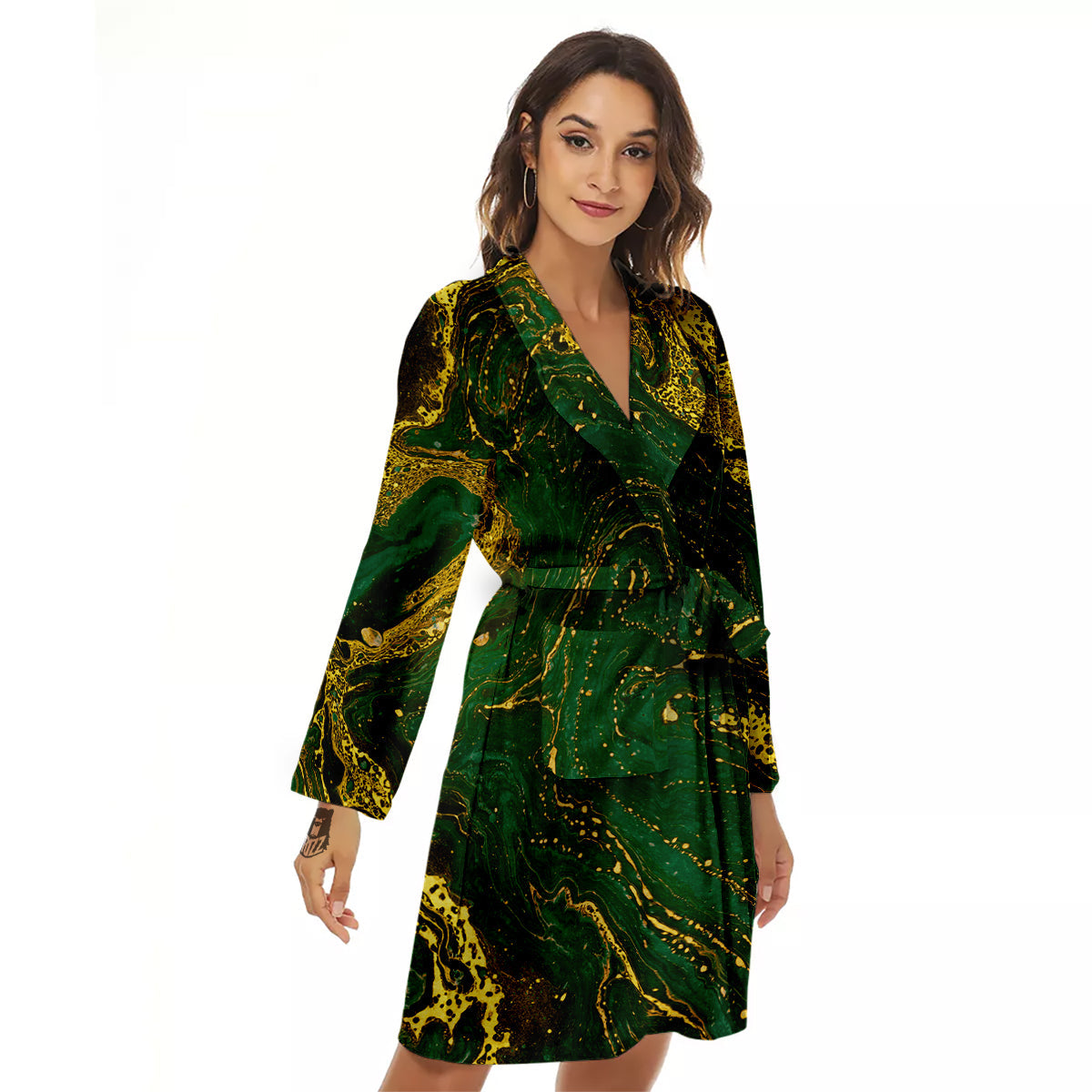 Marble Abstract texture Gold And Dark Green Print Women's Robe-grizzshop
