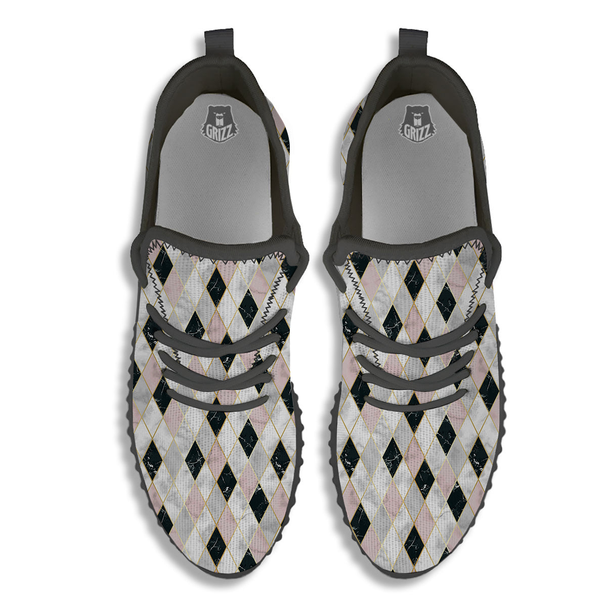 Marble Argyle White Pink And Black Print Black Walking Shoes-grizzshop