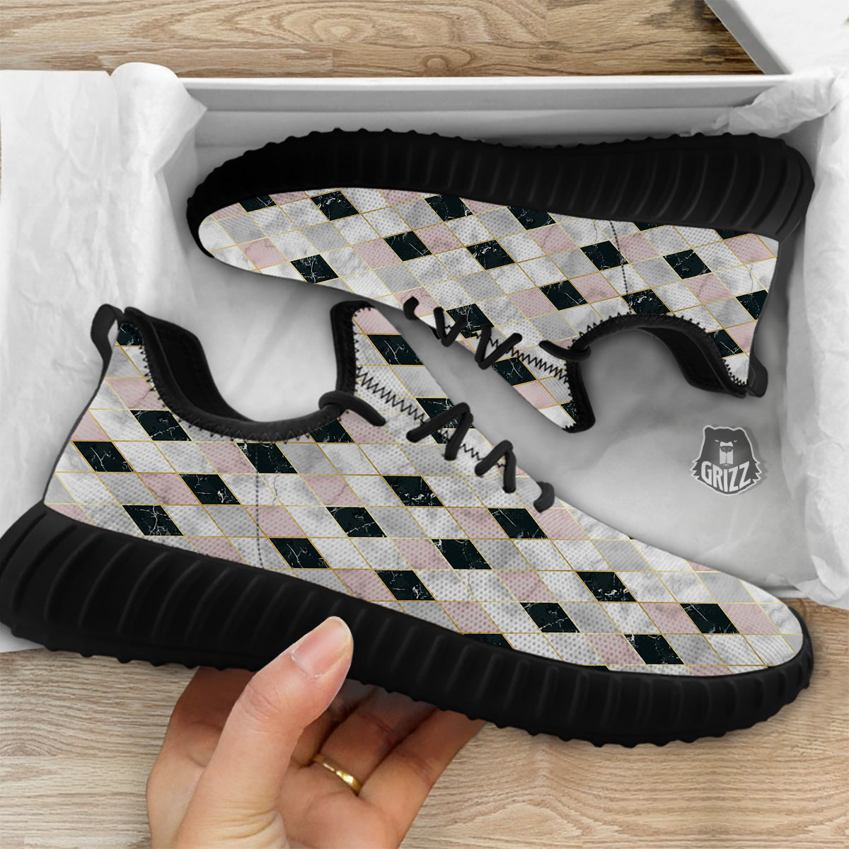 Marble Argyle White Pink And Black Print Black Walking Shoes-grizzshop