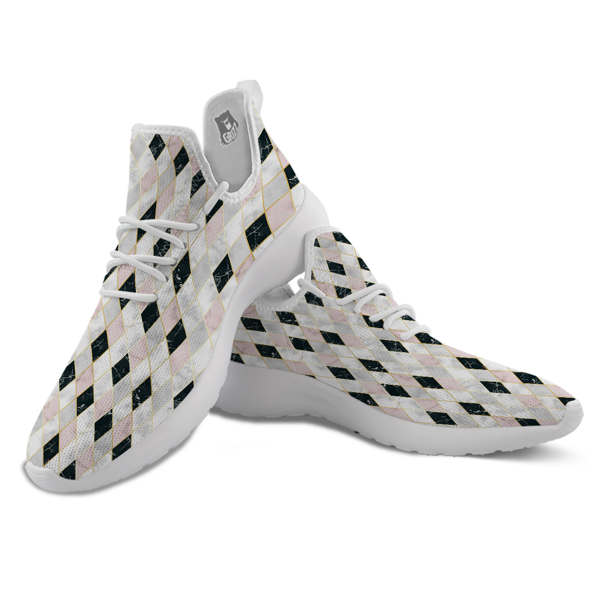 Marble Argyle White Pink And Black Print White Athletic Shoes-grizzshop