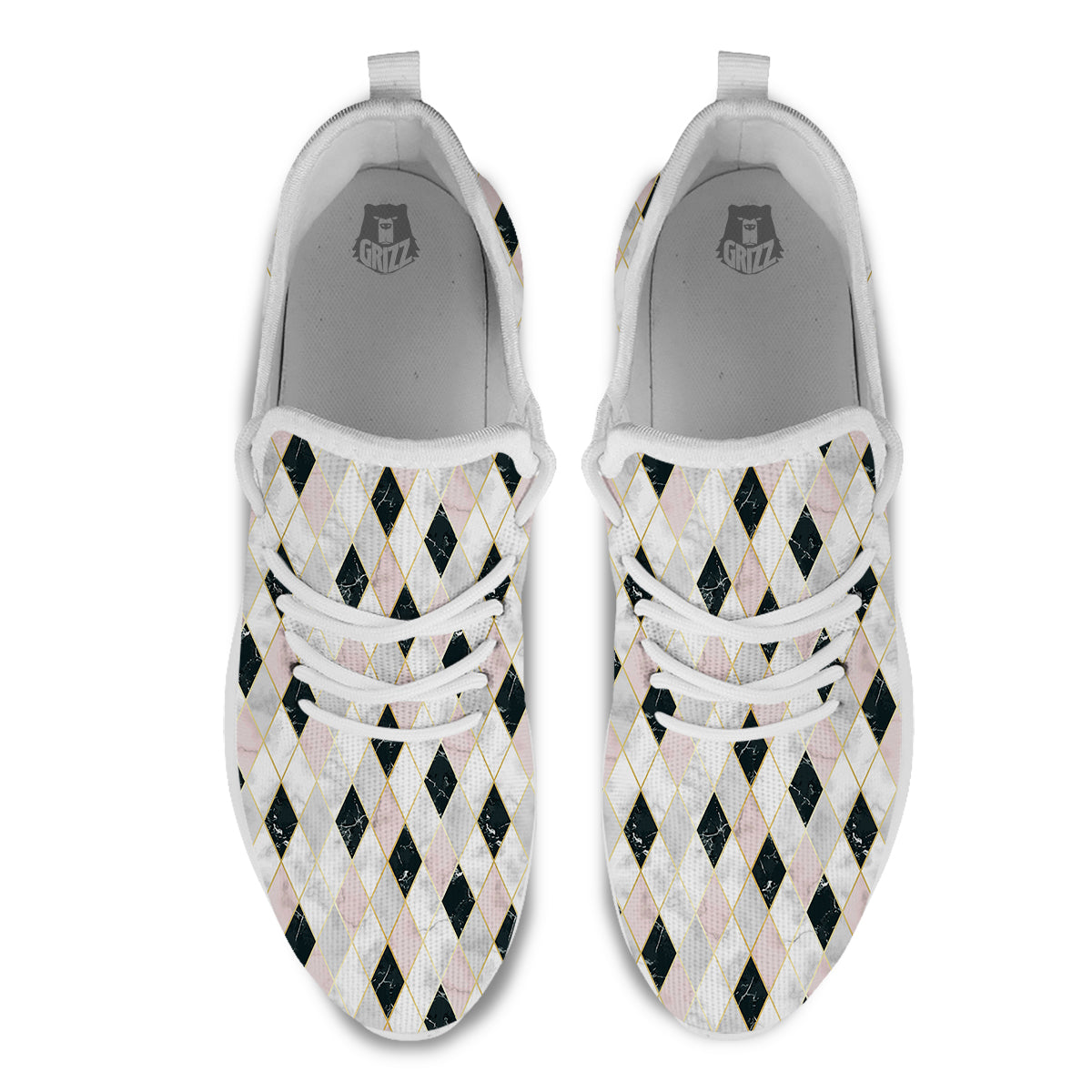 Marble Argyle White Pink And Black Print White Athletic Shoes-grizzshop