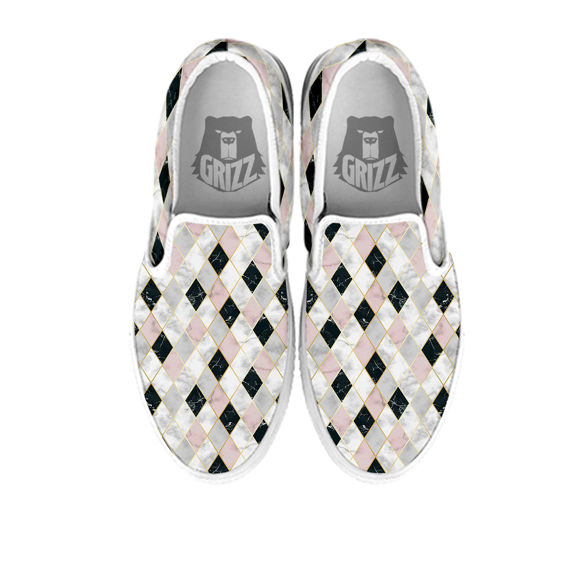 Marble Argyle White Pink And Black Print White Slip On Shoes-grizzshop