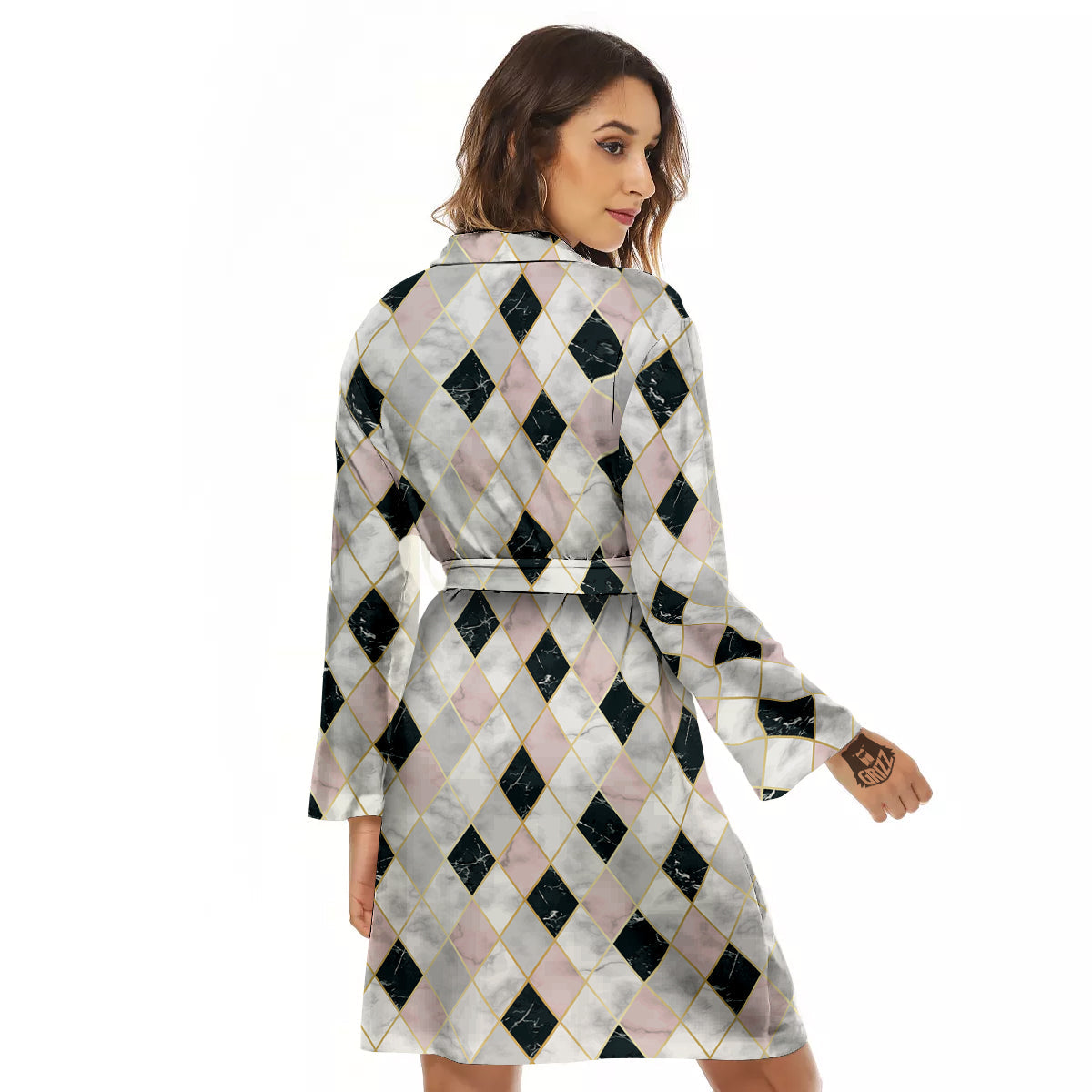 Marble Argyle White Pink And Black Print Women's Robe-grizzshop