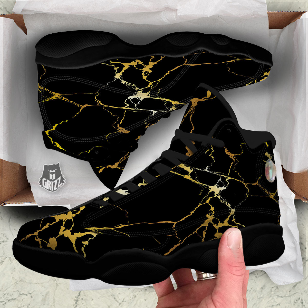 Marble Black Gold Print Black Basketball Shoes-grizzshop