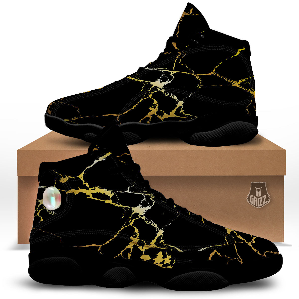 Marble Black Gold Print Black Basketball Shoes-grizzshop
