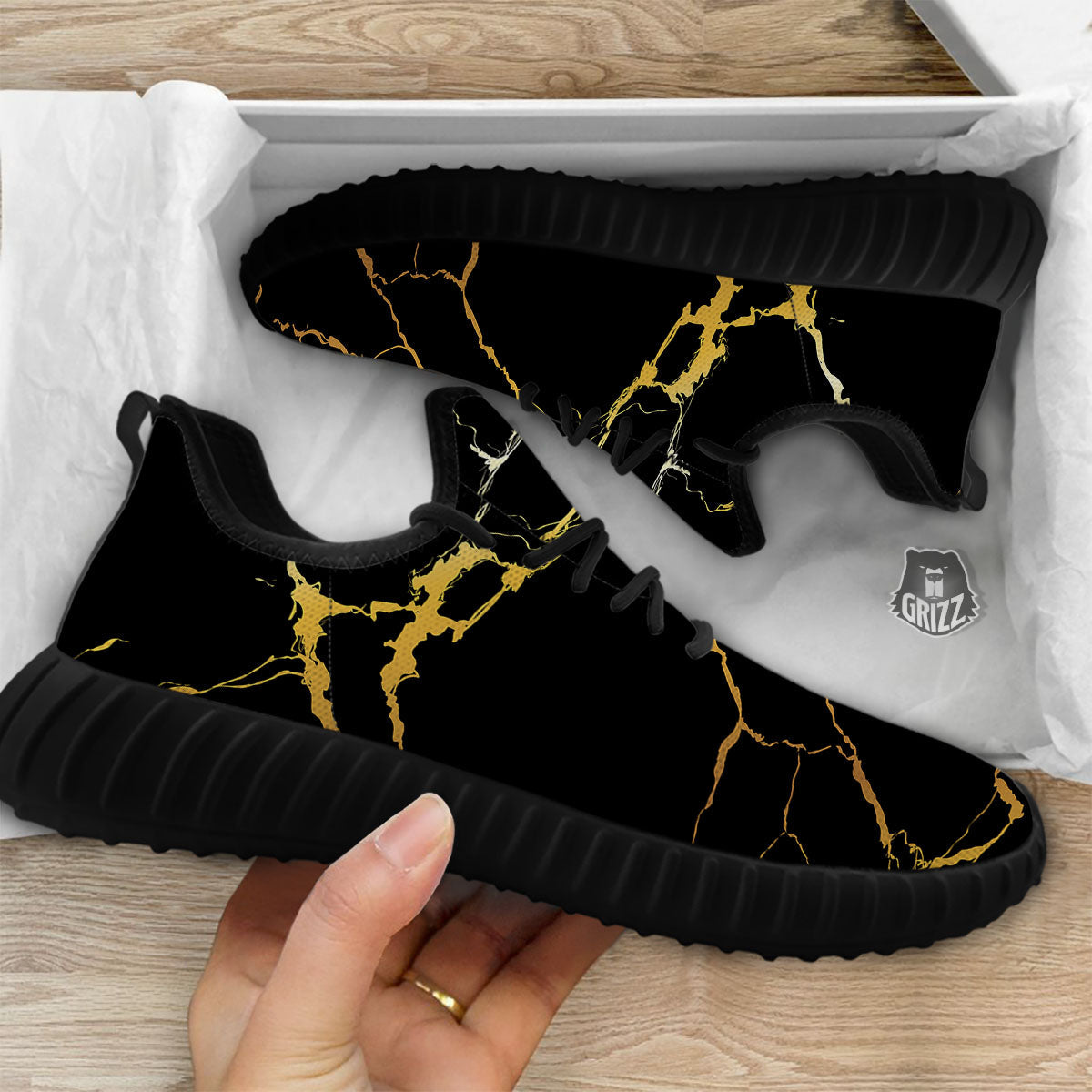 Marble Black Gold Print Black Walking Shoes-grizzshop
