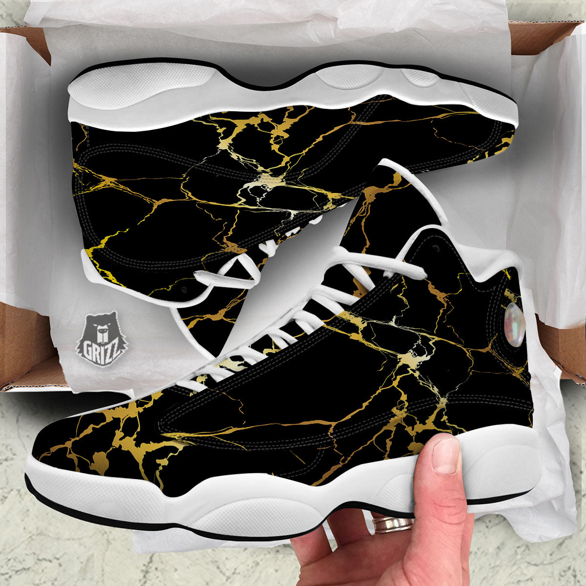 Marble Black Gold Print White Basketball Shoes-grizzshop