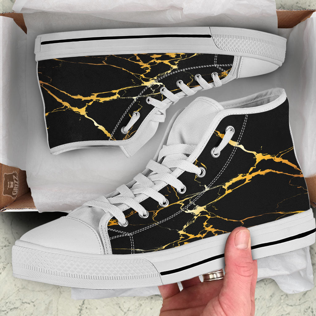 Marble Black Gold Print White High Top Shoes-grizzshop