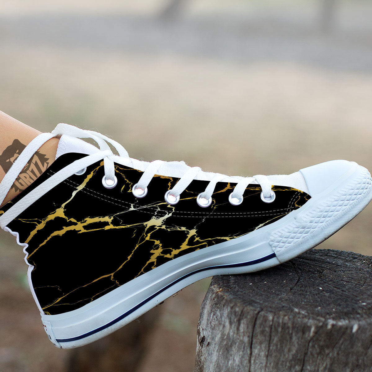 Marble Black Gold Print White High Top Shoes-grizzshop