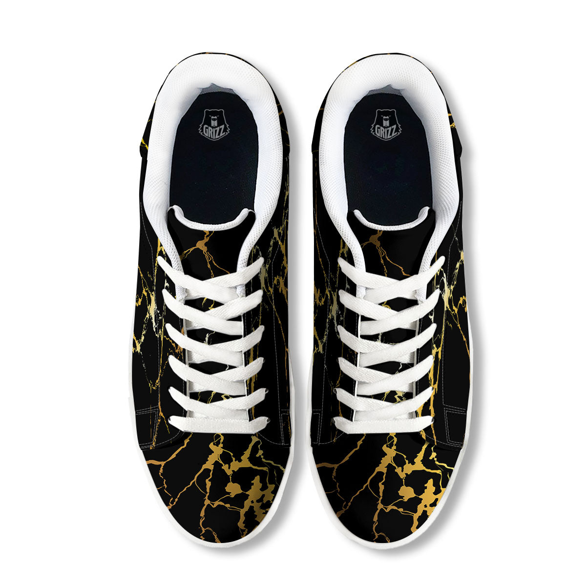 Marble Black Gold Print White Low Top Sneakers-grizzshop