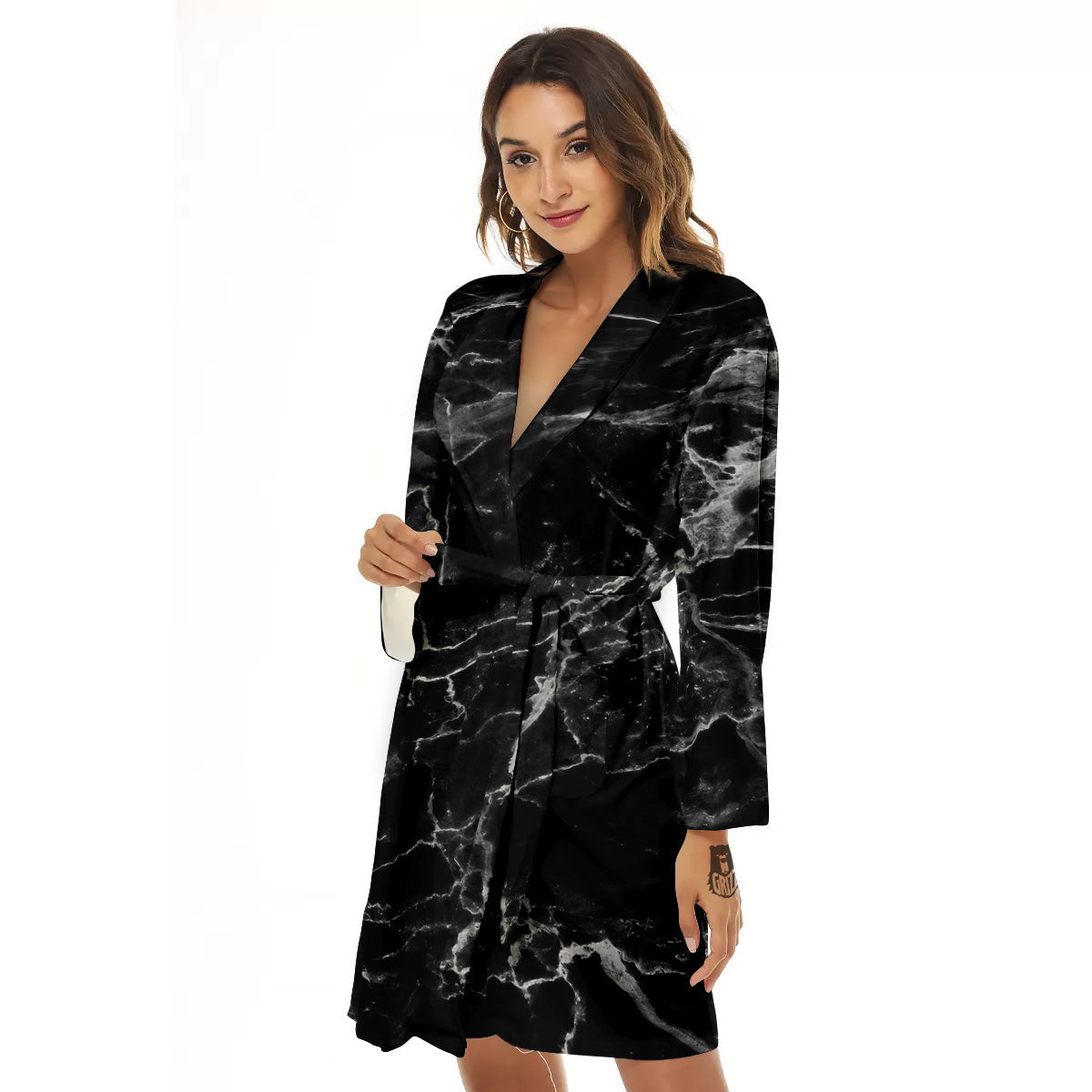 Marble Black Grey Print Women's Robe-grizzshop