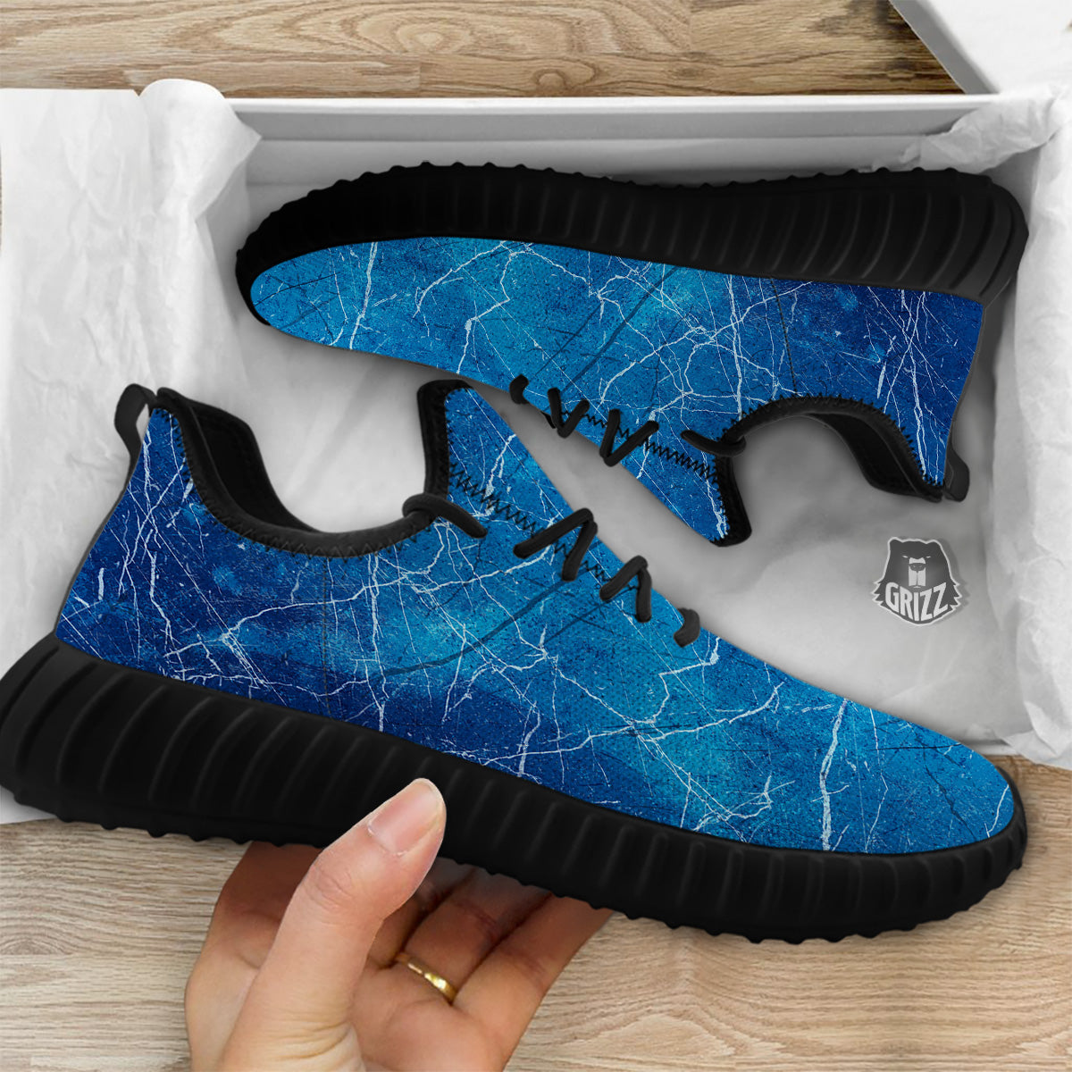 Marble Blue Sapphire Print Black Walking Shoes-grizzshop