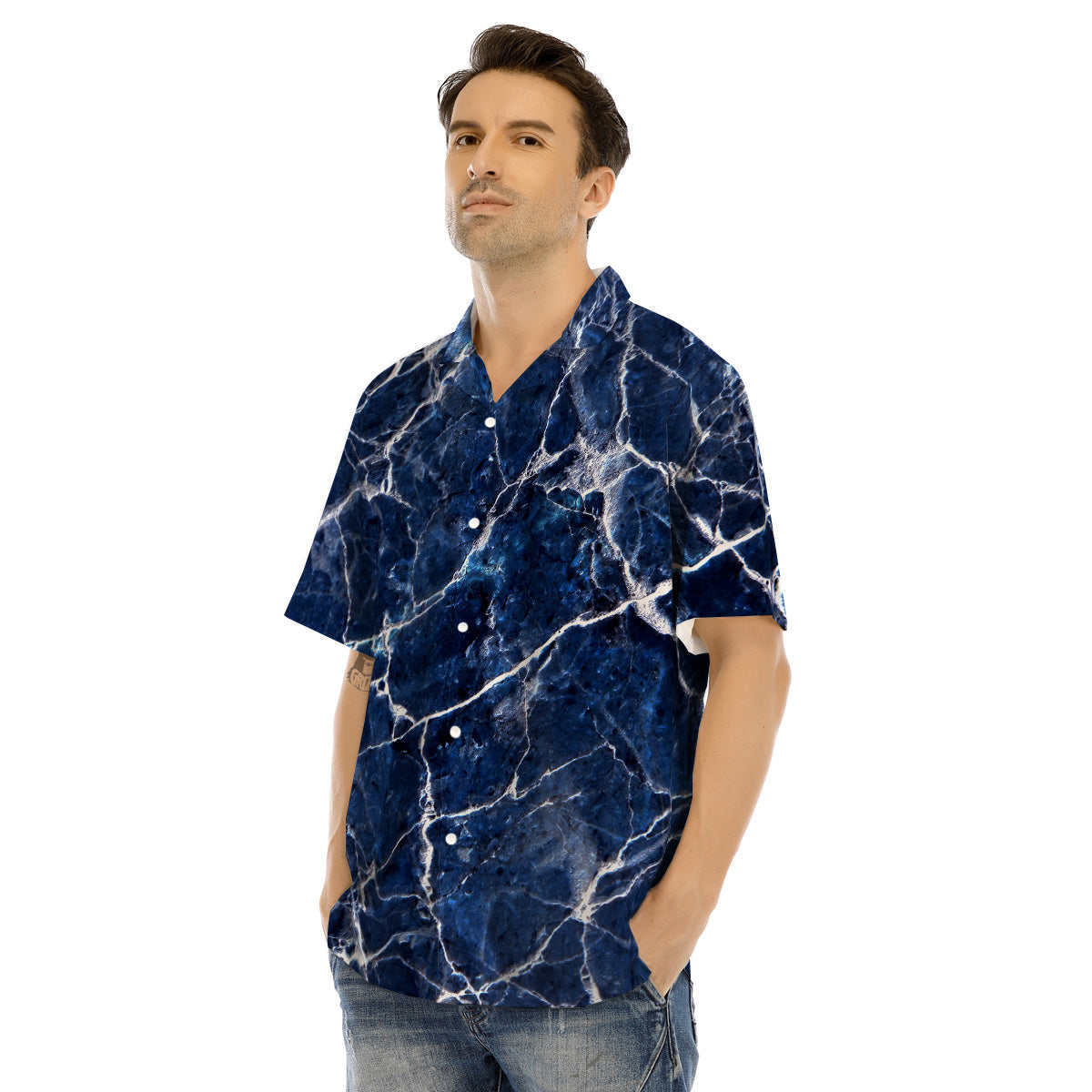 Marble Blue White Print Men's Hawaiian Shirt-grizzshop