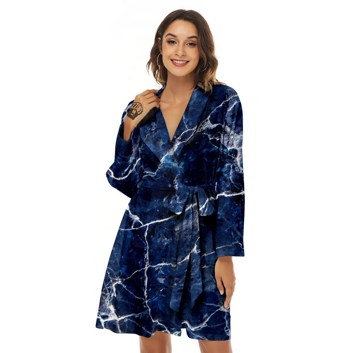 Marble Blue White Print Women's Robe-grizzshop