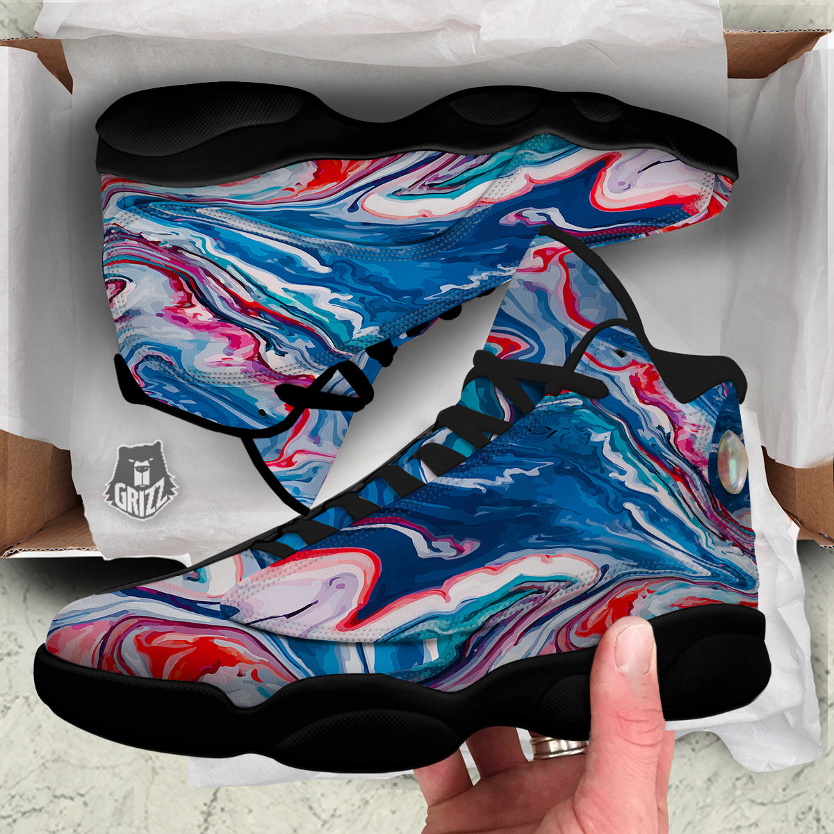 Marble Cartoon Texture Red Blue Print Black Basketball Shoes-grizzshop