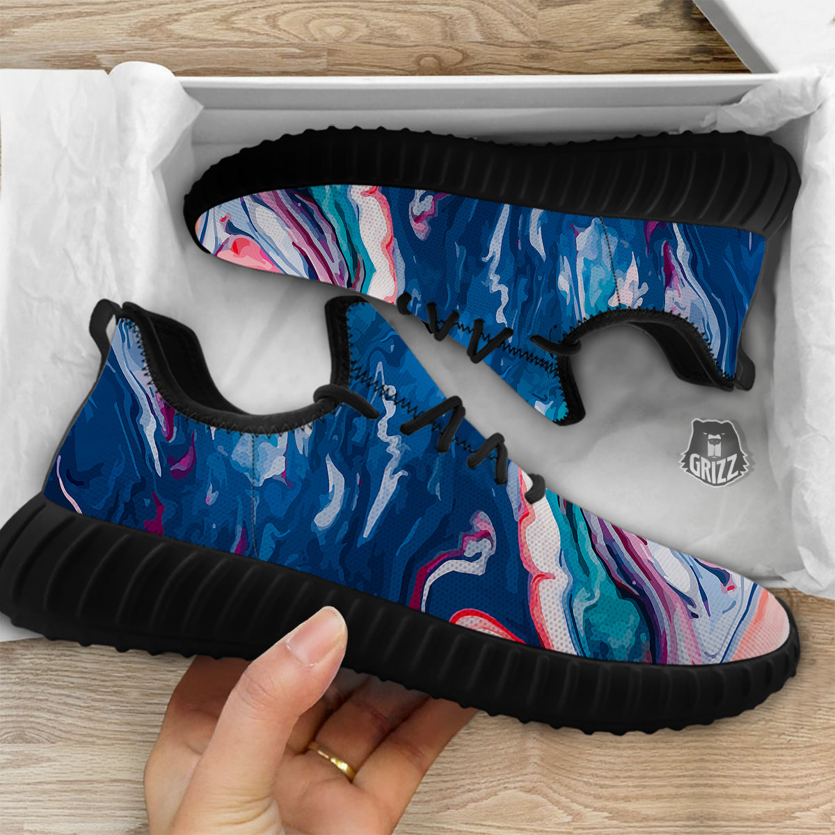 Marble Cartoon Texture Red Blue Print Black Walking Shoes-grizzshop